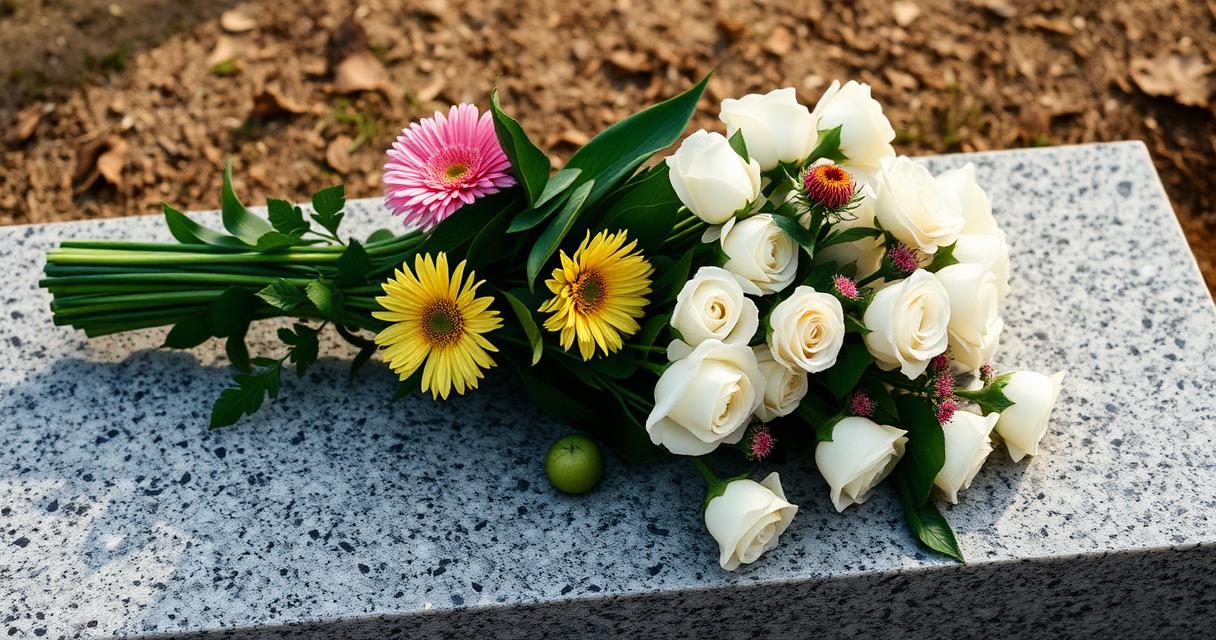 Bukiet białych róż i chryzantem na granitowym nagrobku