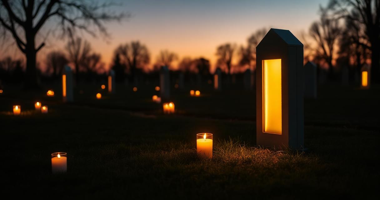 Tradycyjne znicze i nowoczesna lampa LED palące się o zmierzchu na cmentarzu